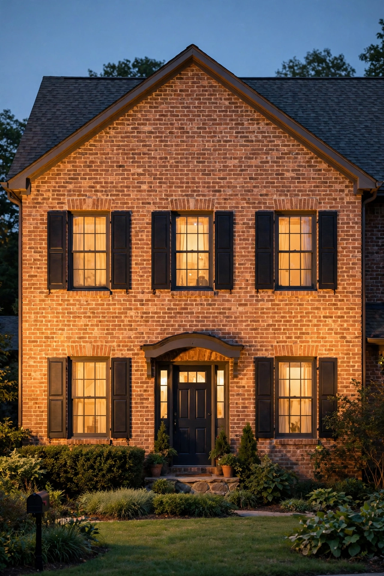 Wide beam flood light washing a brick house wall with even warm illumination at dusk