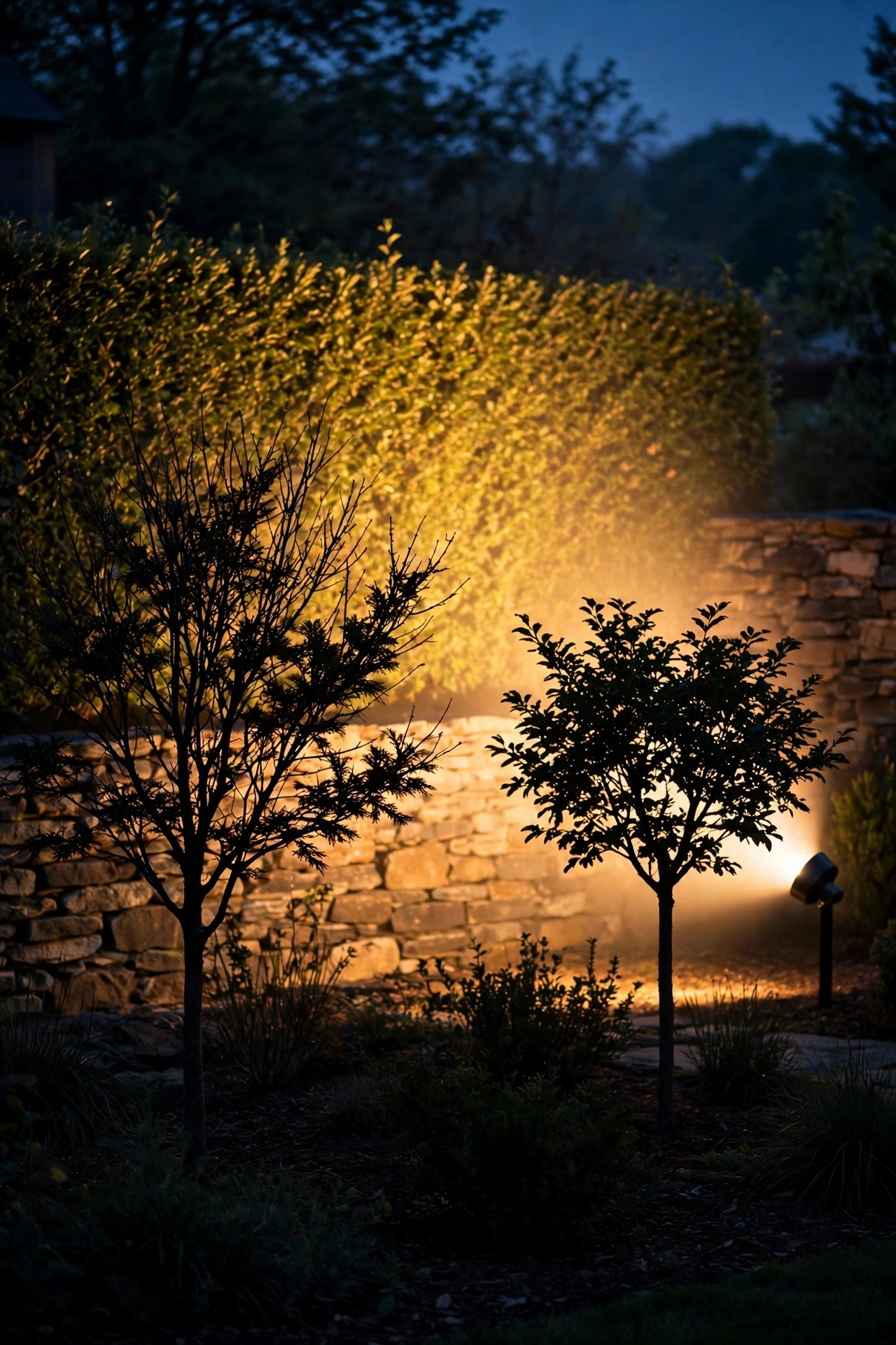 Photorealistic dusk backyard with a wide-beam solar spotlight washing a tall green hedge and stone wall in soft warm light, two small trees silhouetted in front of the glow