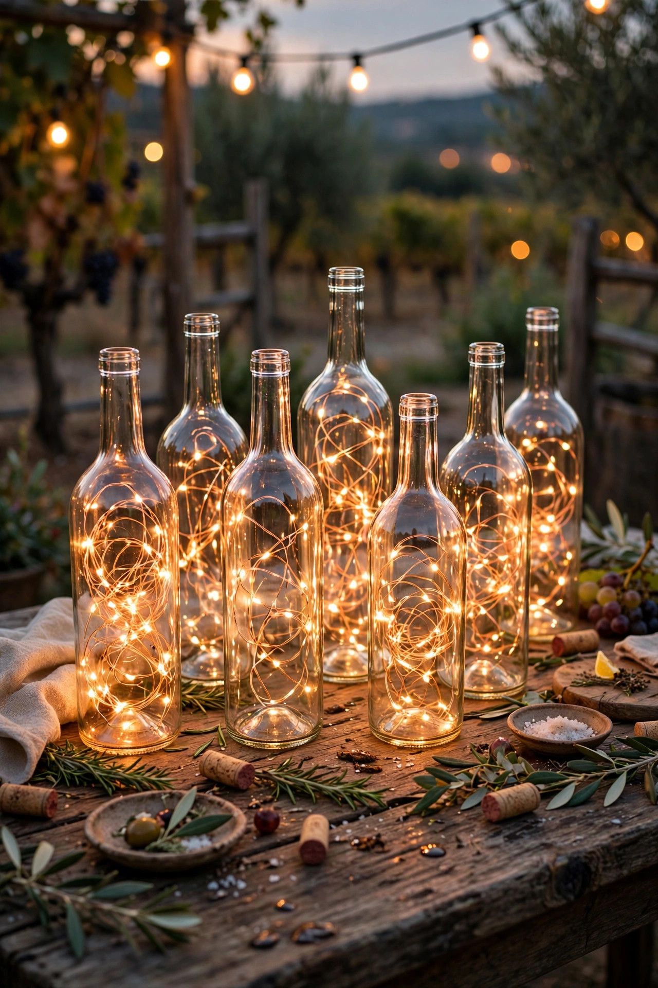 Empty wine bottles filled with warm copper wire fairy lights glowing on an outdoor tasting table