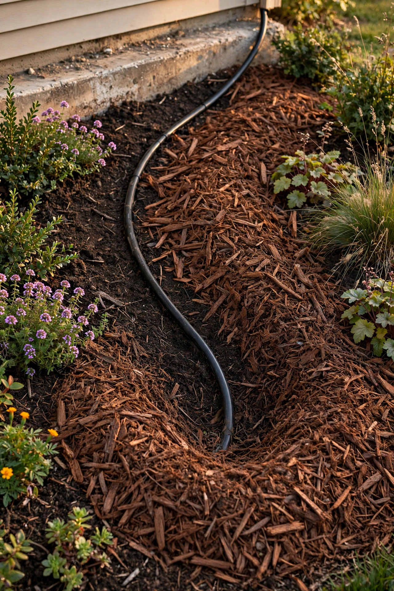 Landscape lighting cable tucked under fresh bark mulch in a flower bed, demonstrating how to hide landscape lighting wires in planting beds