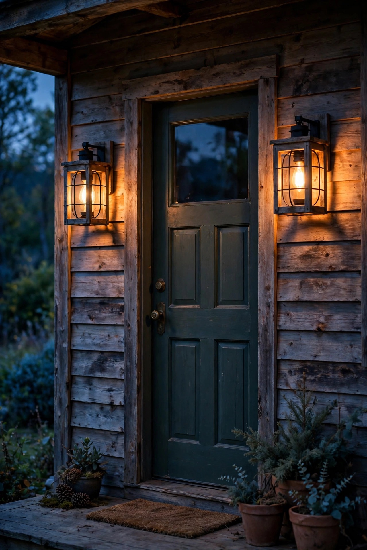 Pair of rustic wooden lantern wall sconces with warm filament bulbs flanking a front door
