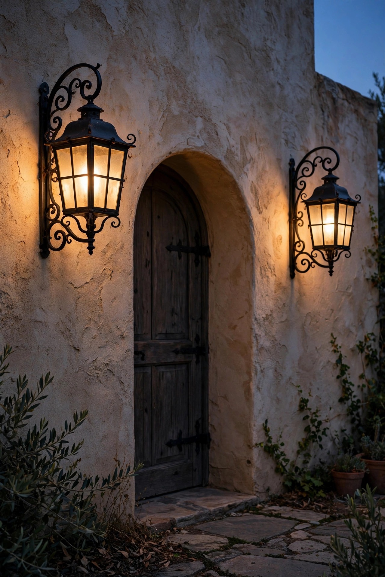 Pair of black wrought-iron wall lanterns glowing warm on a textured stucco wall by an arched doorway