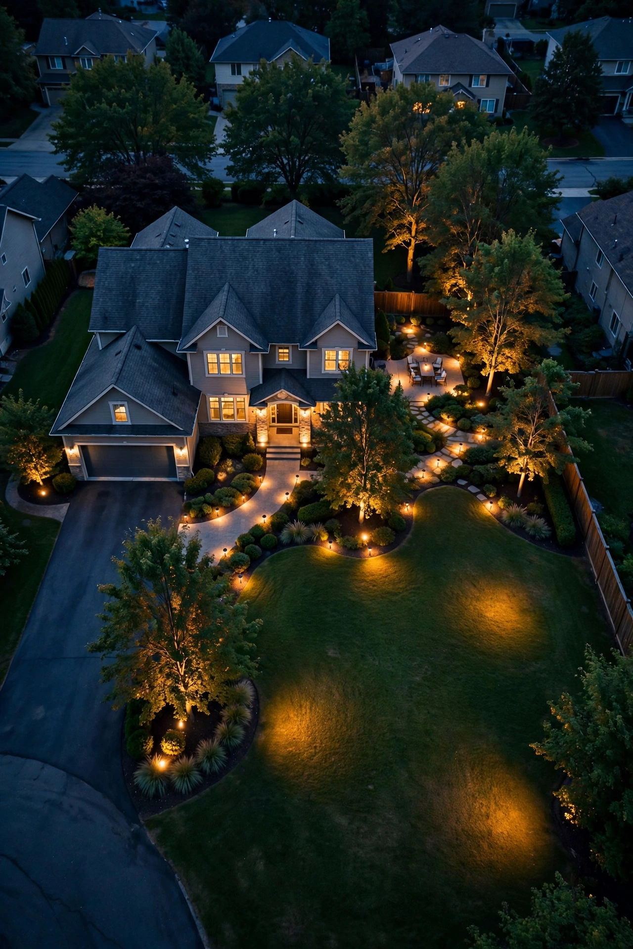 Aerial dusk view of a suburban yard with landscape lighting glowing along paths, trees and the house facade