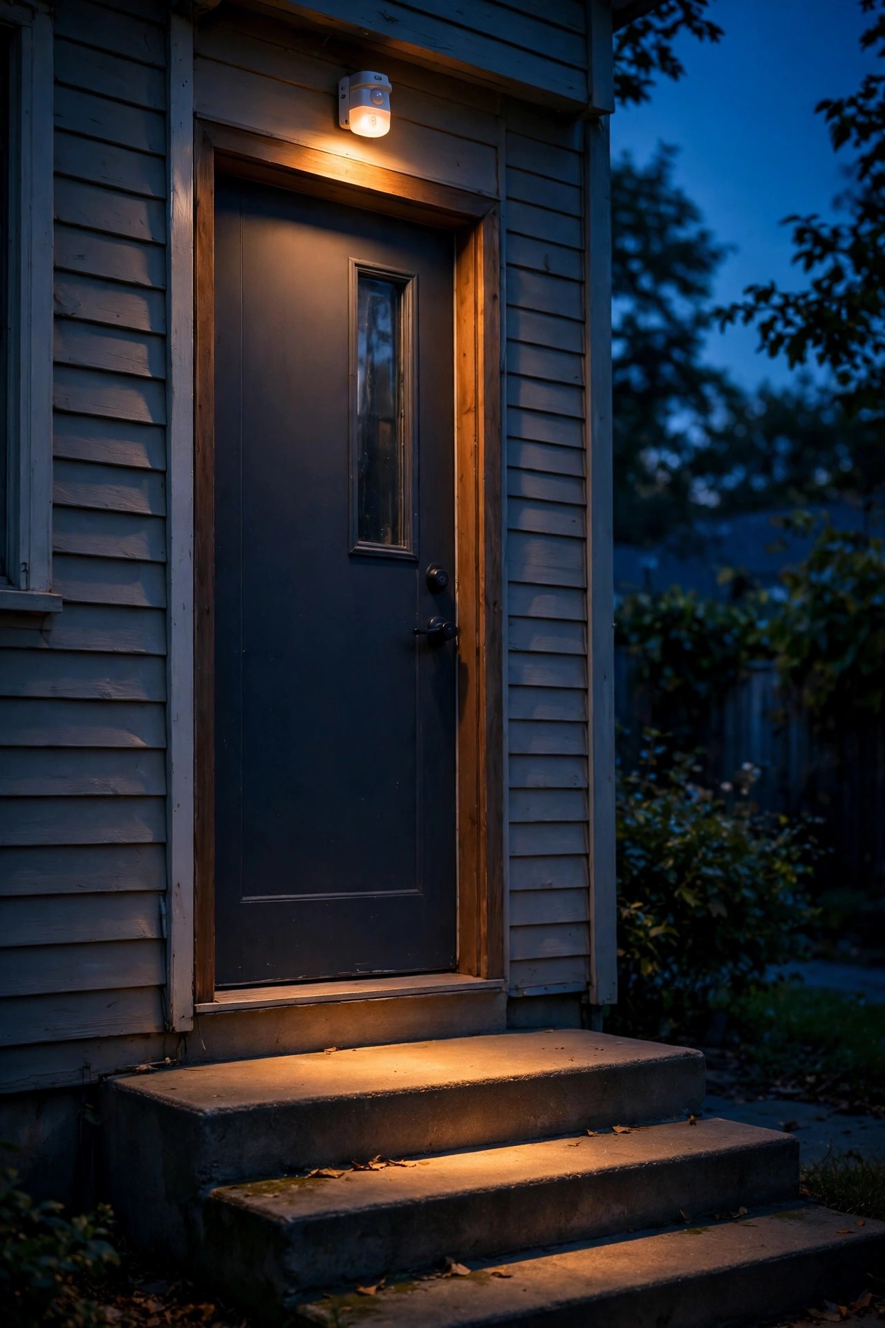 Battery motion sensor light stuck above a rental side door with adhesive pads, warm light pooling on the steps