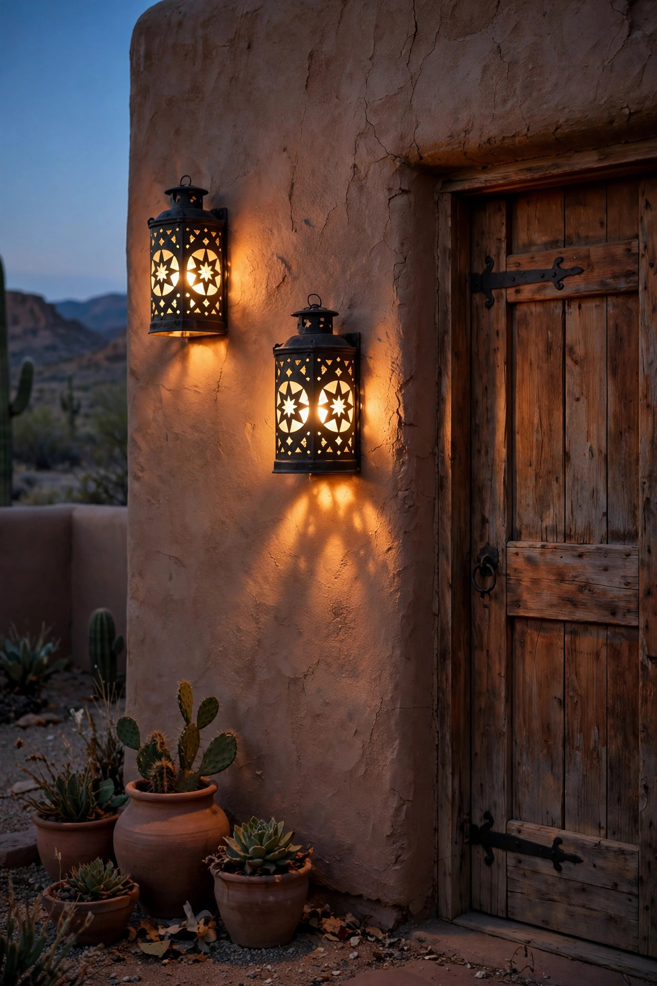 Punched-metal Santa Fe style sconces glowing warmly on an adobe wall beside a wooden door in a desert courtyard