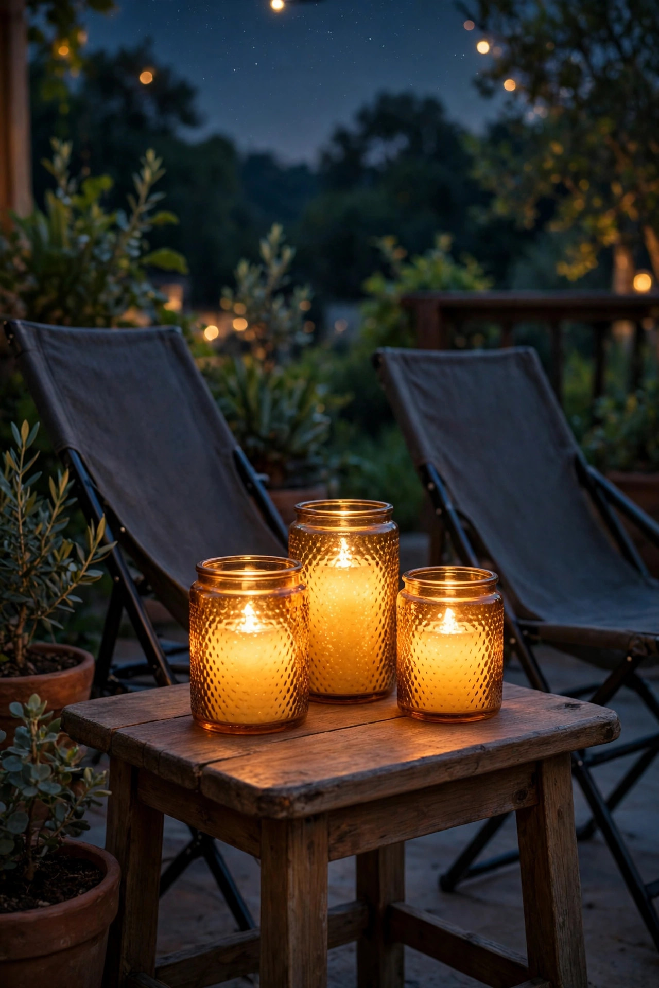 Flameless candles glowing inside amber glass jars on a patio side table beside stargazing chairs at night