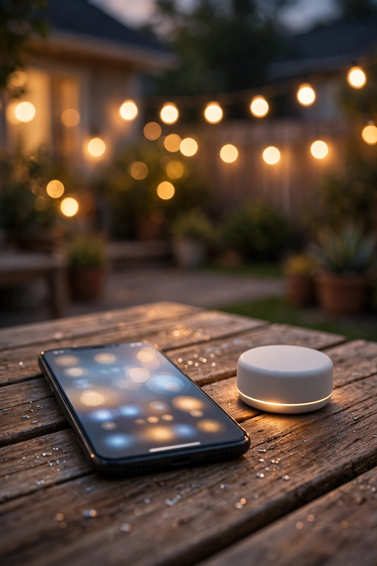 Step-by-step smart outdoor lighting app setup on a phone with devices pairing near a home router