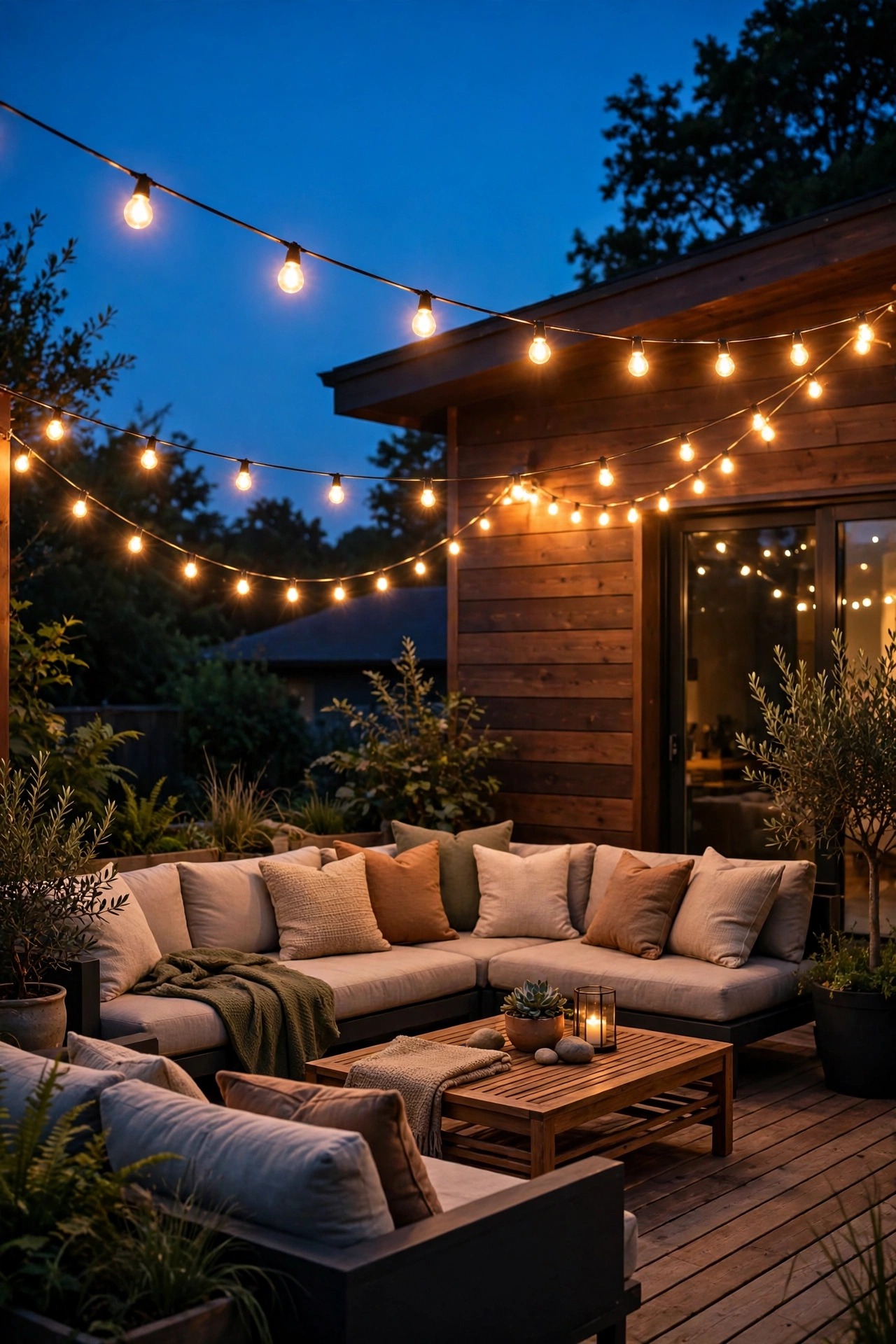 App-controlled string lights swagged over the lounge end of a deck glowing warm above outdoor sofas at dusk