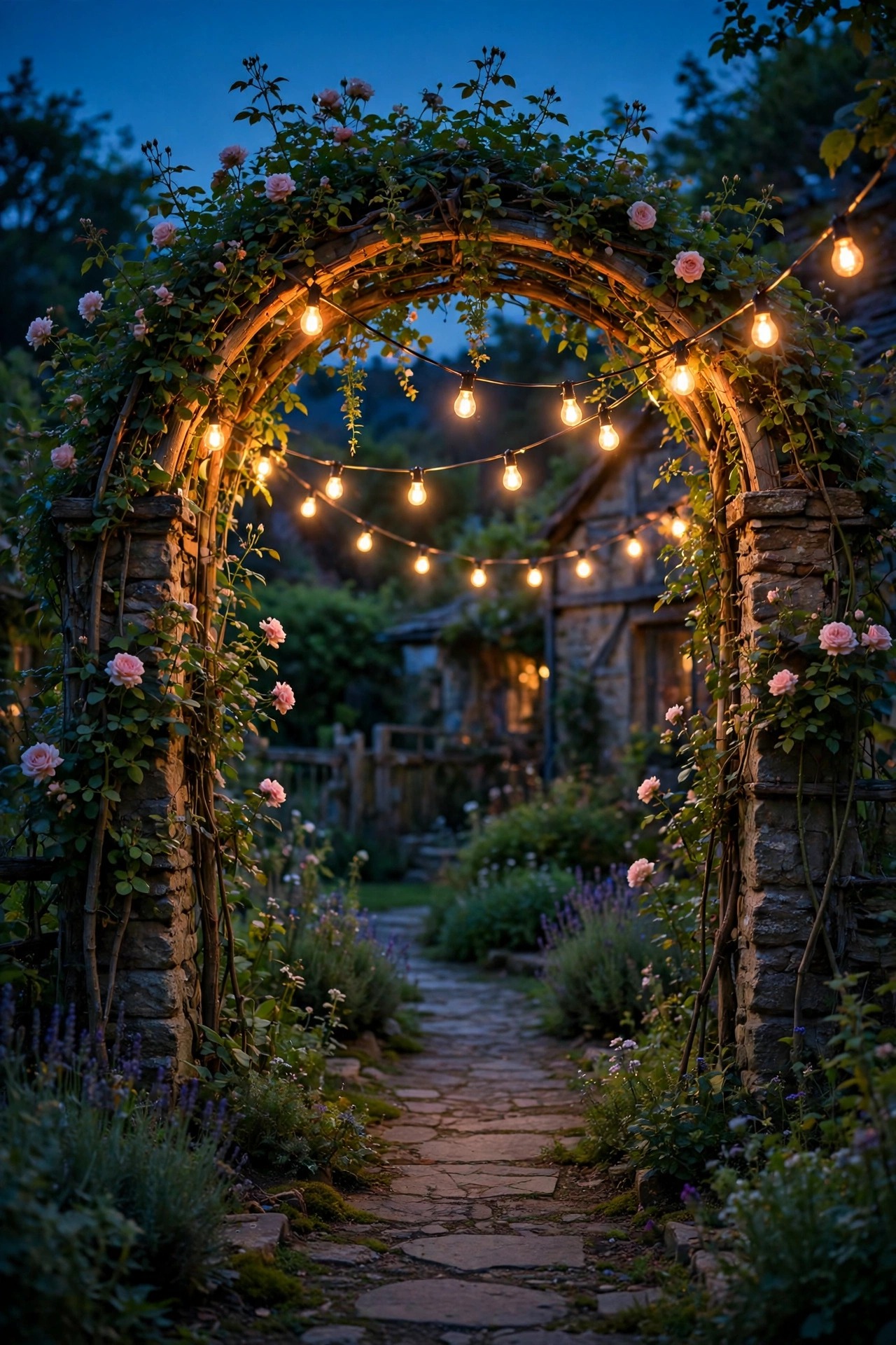 Cottage garden arch draped with warm café string lights over a stone path at twilight