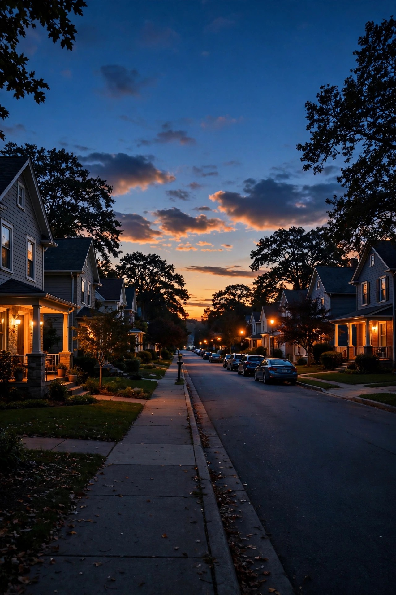 Sunset sky over a quiet street as house porch lights begin glowing at true dusk, warm light against deep blue twilight