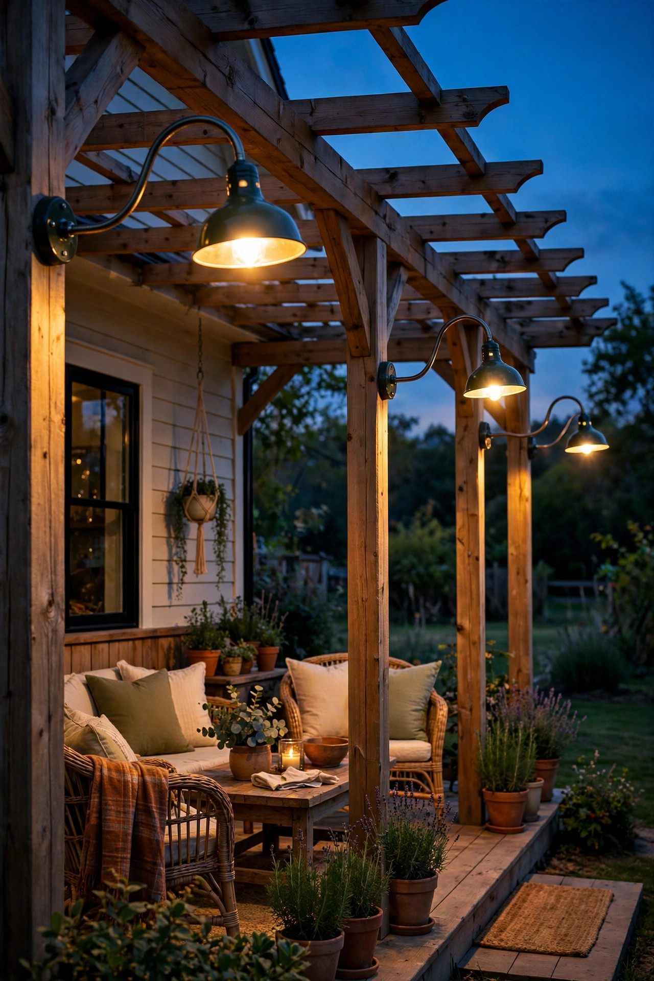 Gooseneck barn lights on wooden pergola posts illuminating a farmhouse back porch at dusk