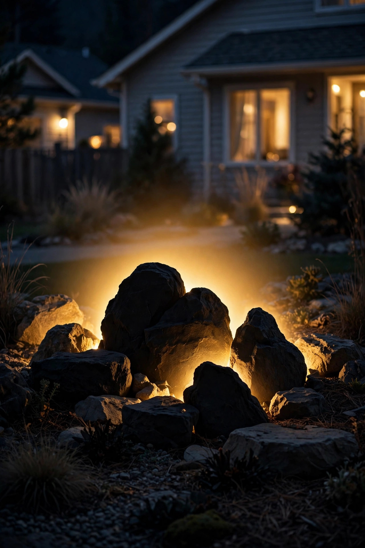 Backlit stones creating dark silhouettes against a warm halo of light in a rock garden at night