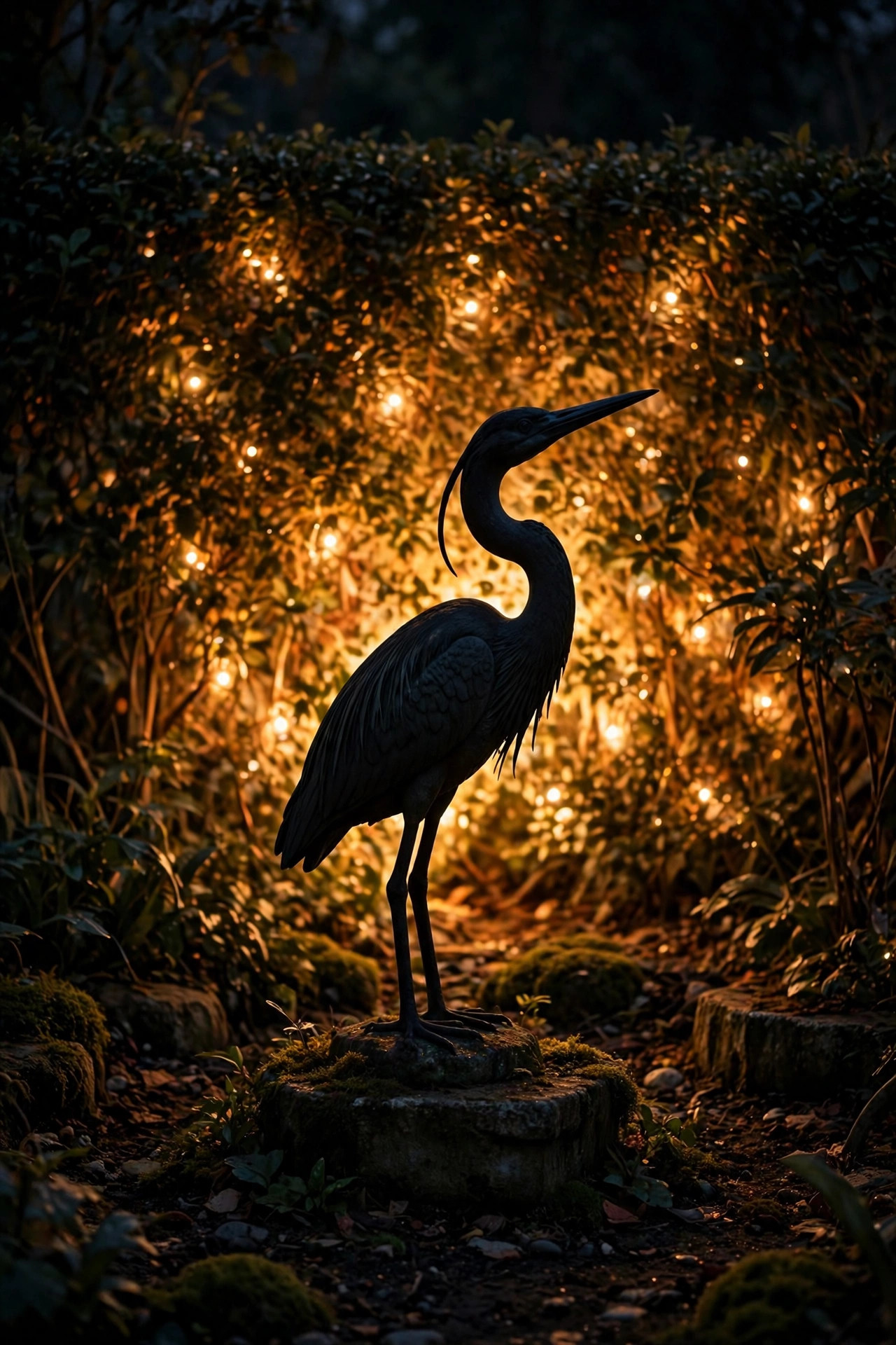 Heron garden statue shown as a dark silhouette against a warm glowing hedge backlit at night