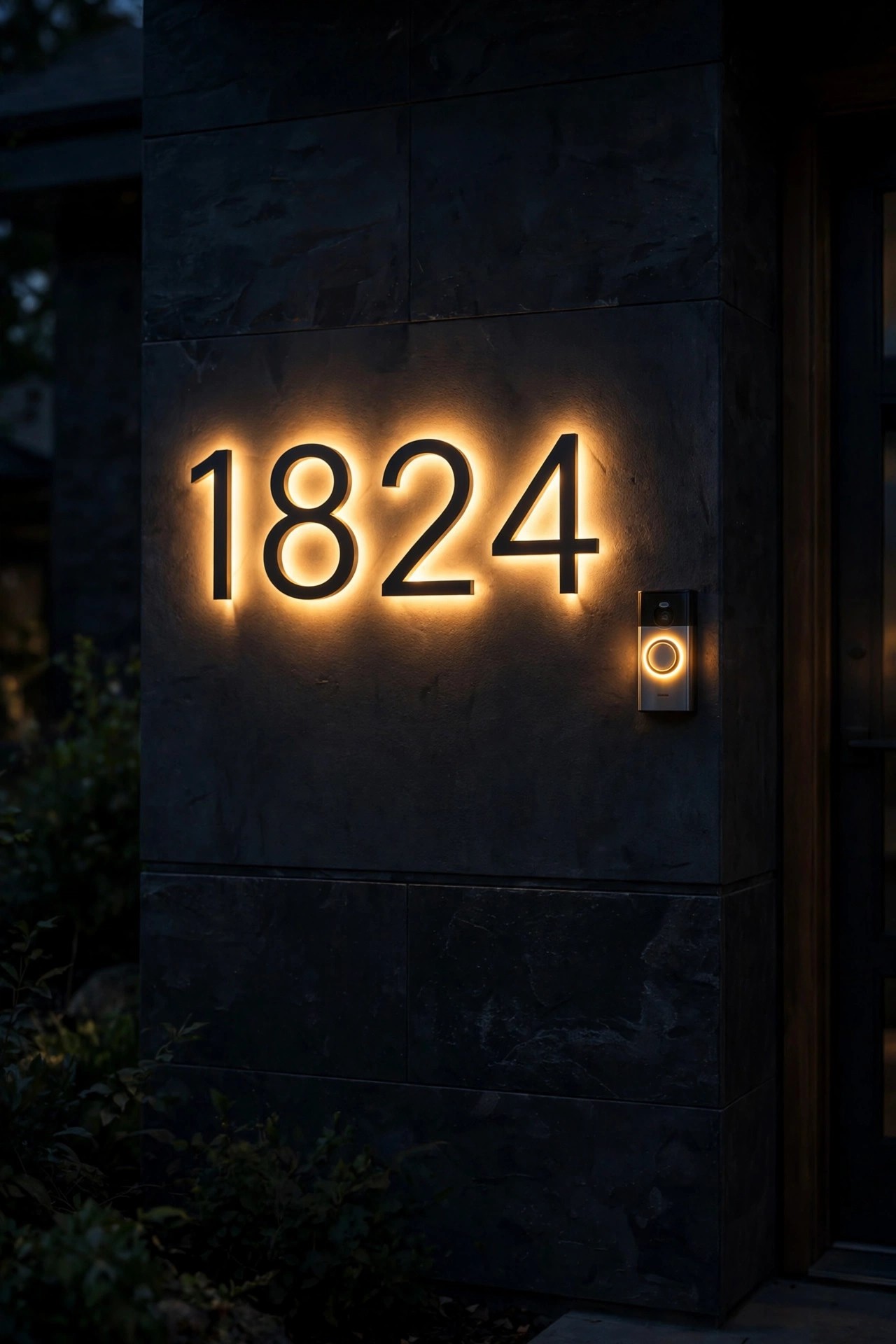 Backlit house numbers glowing warmly on an entry wall beside a lit doorbell at night