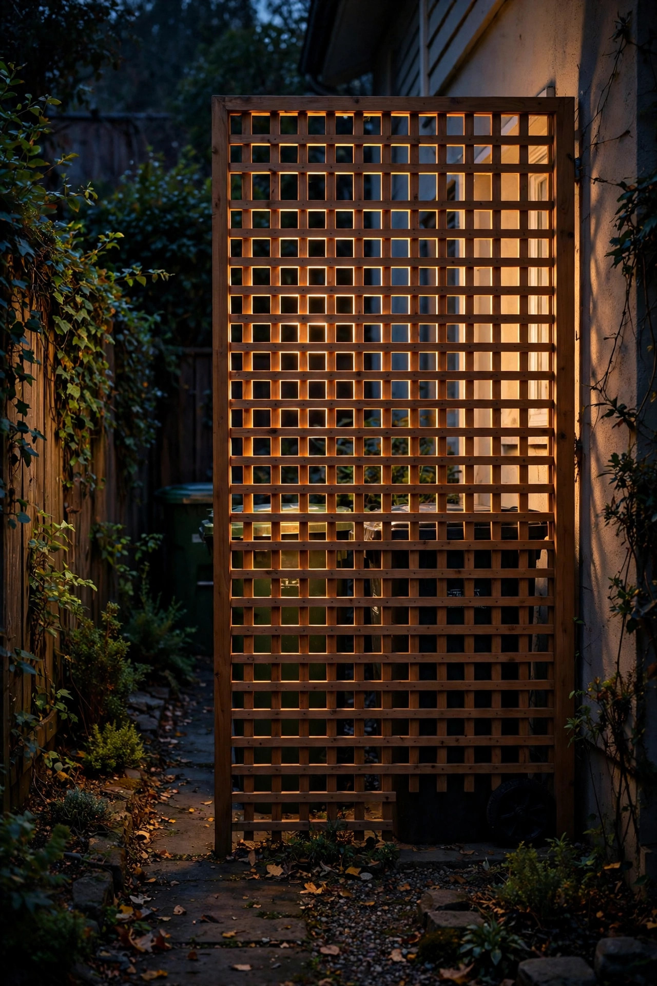 Backlit lattice screen glowing warm in front of hidden trash bins in a side yard at night