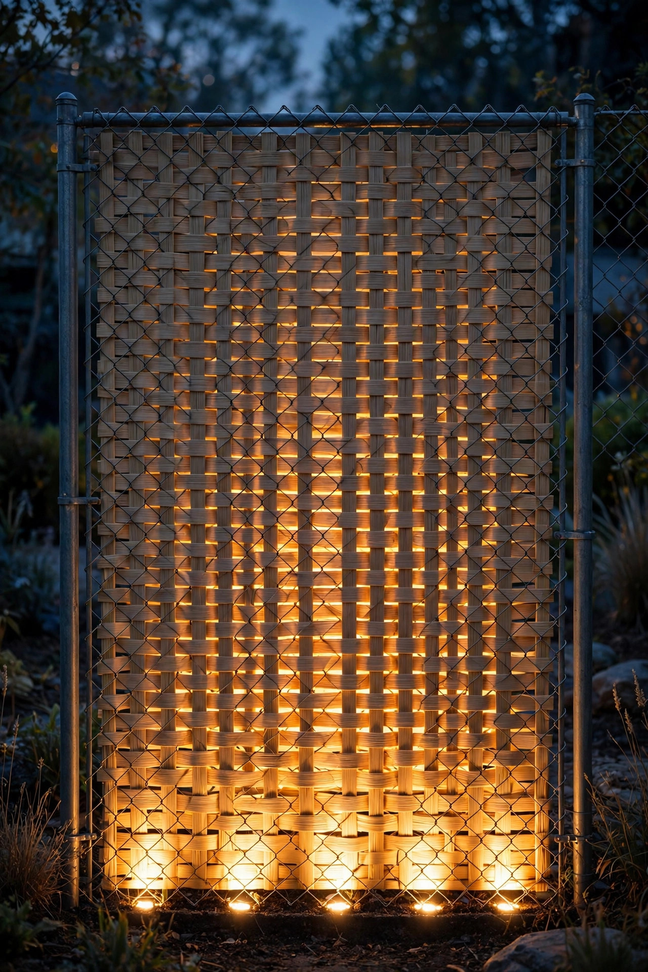 Chain-link fence with woven privacy slats backlit by warm uplights at the base creating a glowing screen effect