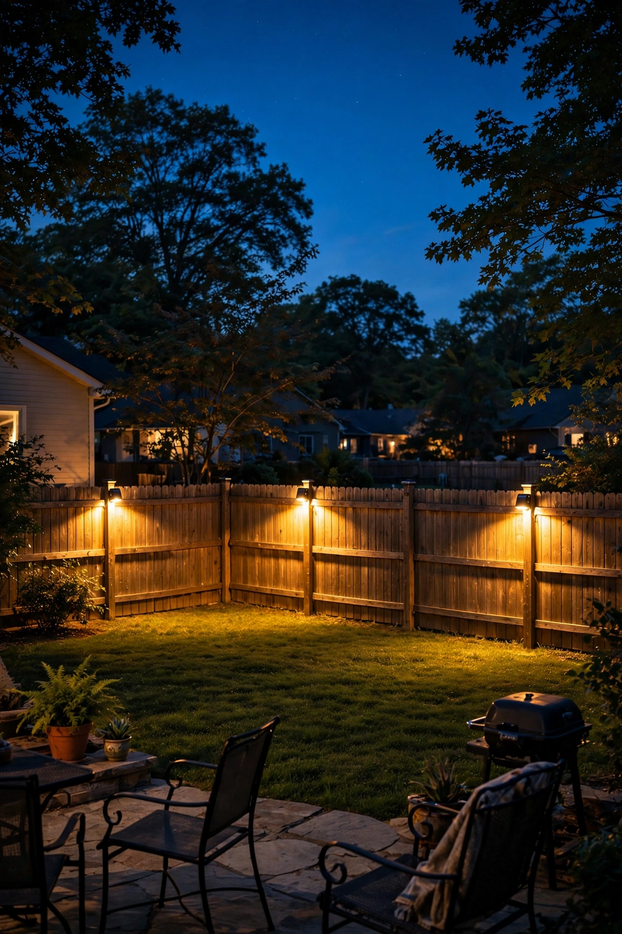 Backyard fence line lit at night with motion floodlights covering the rear perimeter