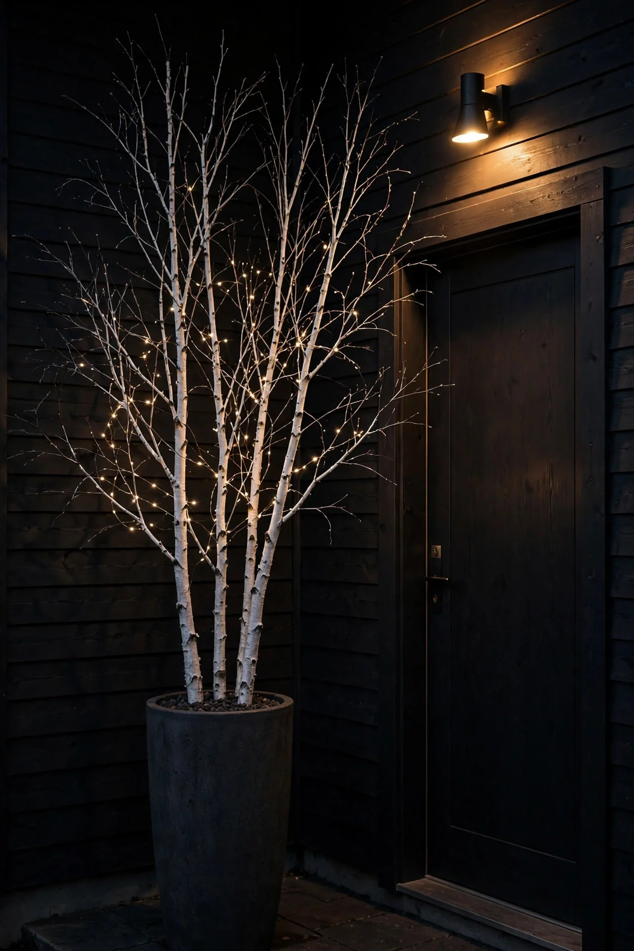 Bare birch branches wrapped in sparse warm fairy lights in a tall planter beside a door