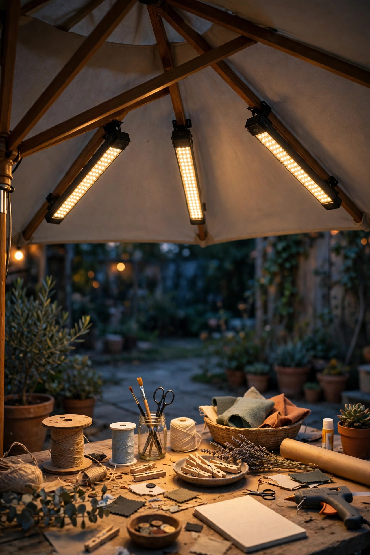 Battery LED bar lights mounted under patio umbrella ribs washing an outdoor craft table in even downward light