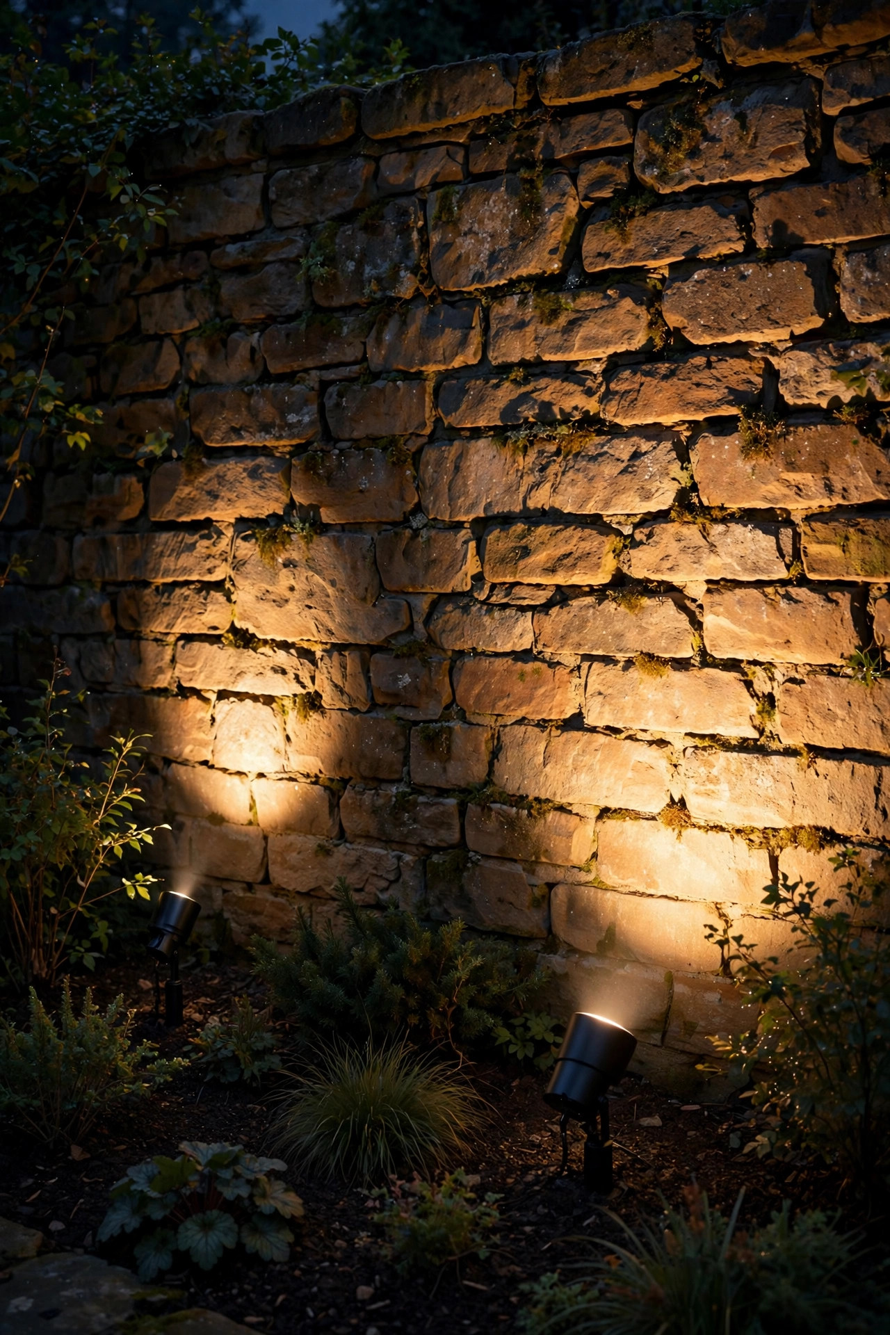 Narrow spot beam and wide flood beam from two landscape spotlights compared on a garden wall at night showing beam angle difference