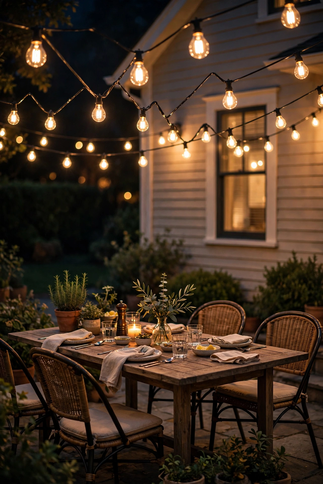 Warm bistro string lights zigzagging overhead across a patio with outdoor dining set
