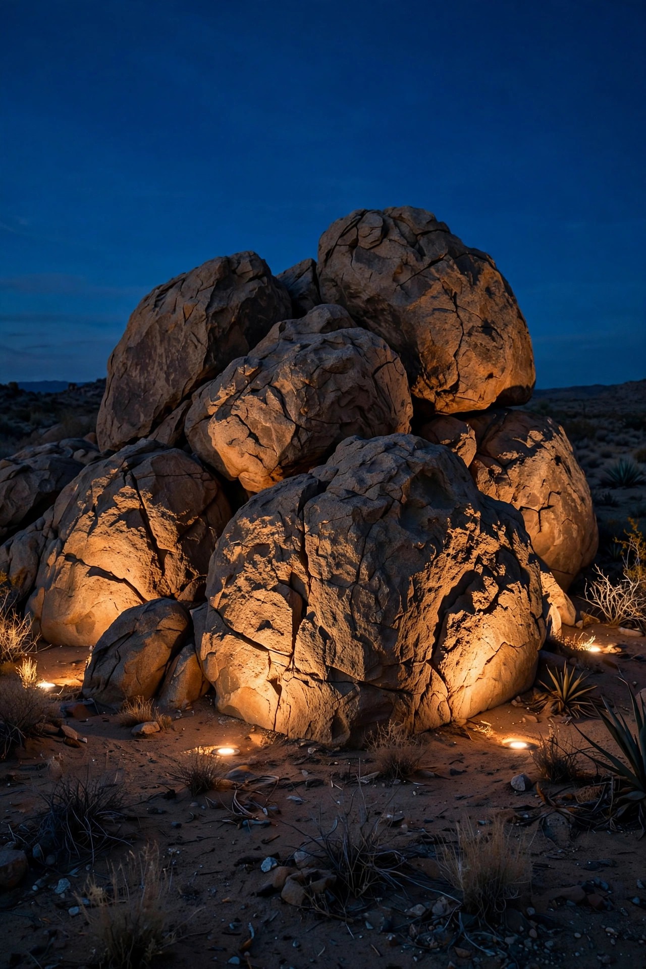 Cluster of large desert boulders at night grazed by recessed well lights, warm light skimming across rock texture and cracks