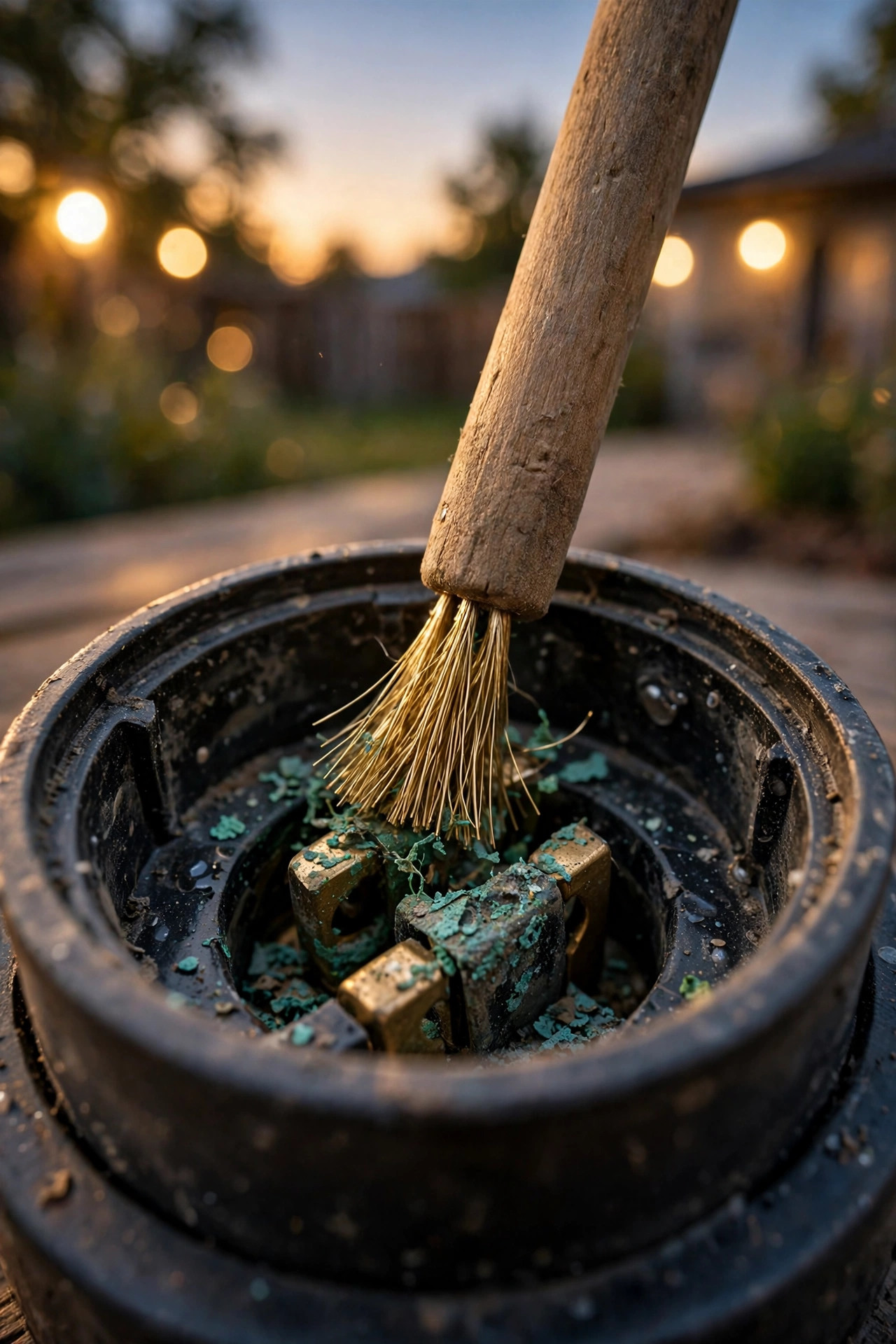 Small brass brush scrubbing green corrosion from the contacts inside an outdoor light socket