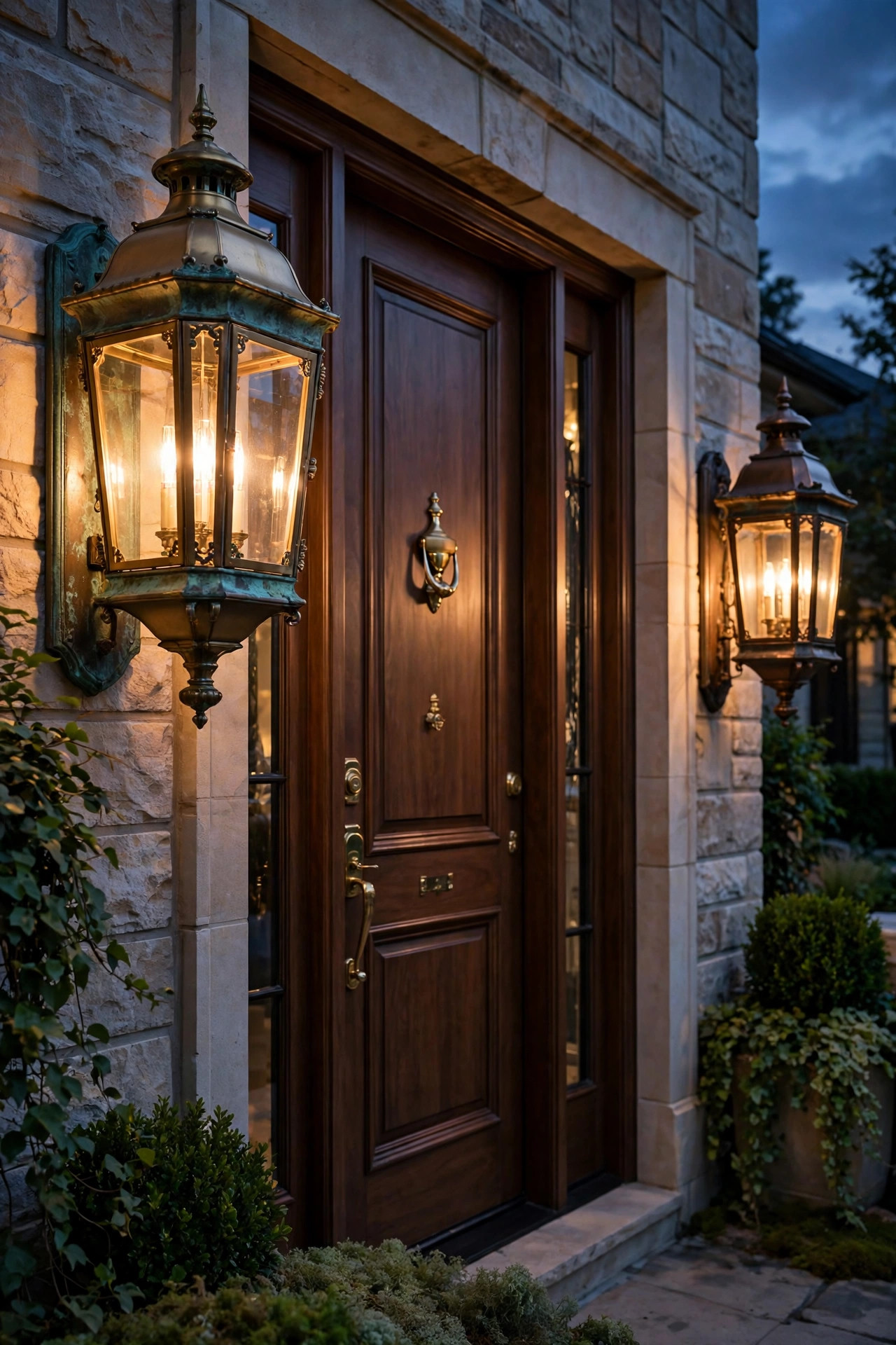Solid brass and copper lantern fixtures with warm patina glowing beside a luxury front door at dusk