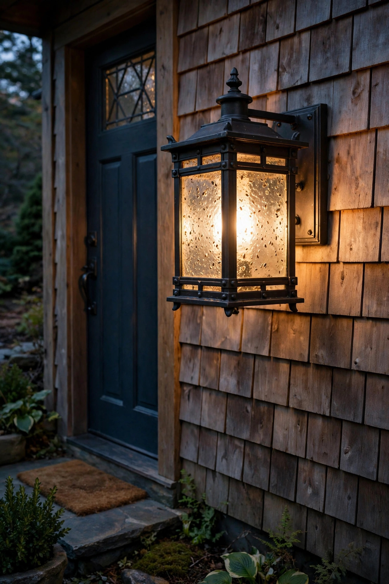 Oil-rubbed bronze craftsman sconce with seeded glass glowing beside a front entry, soft shimmering warm light