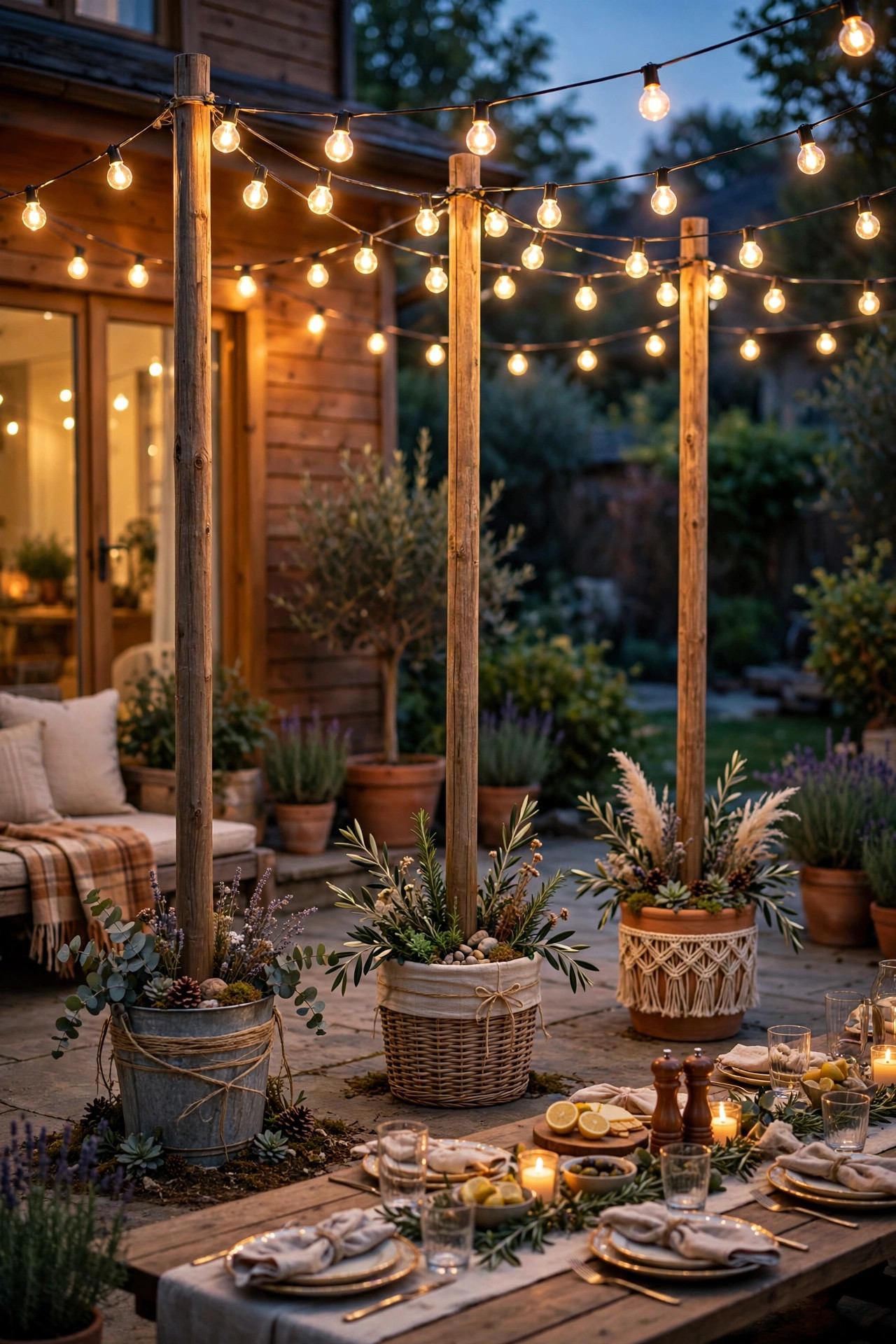 String light poles set in decorated buckets glowing warmly over an outdoor party setup at dusk