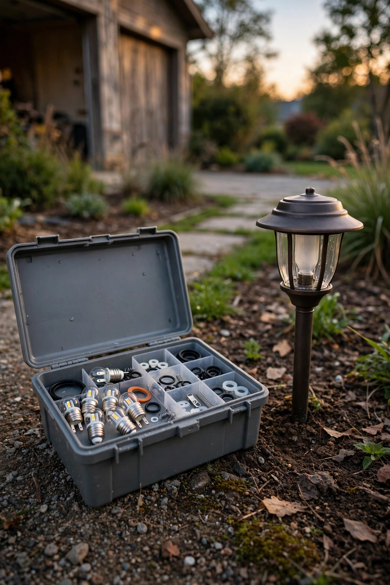 Spare low-voltage LED lamps stored in a small garage box next to a landscape path light, easy replacement parts for replaceable bulb fixtures