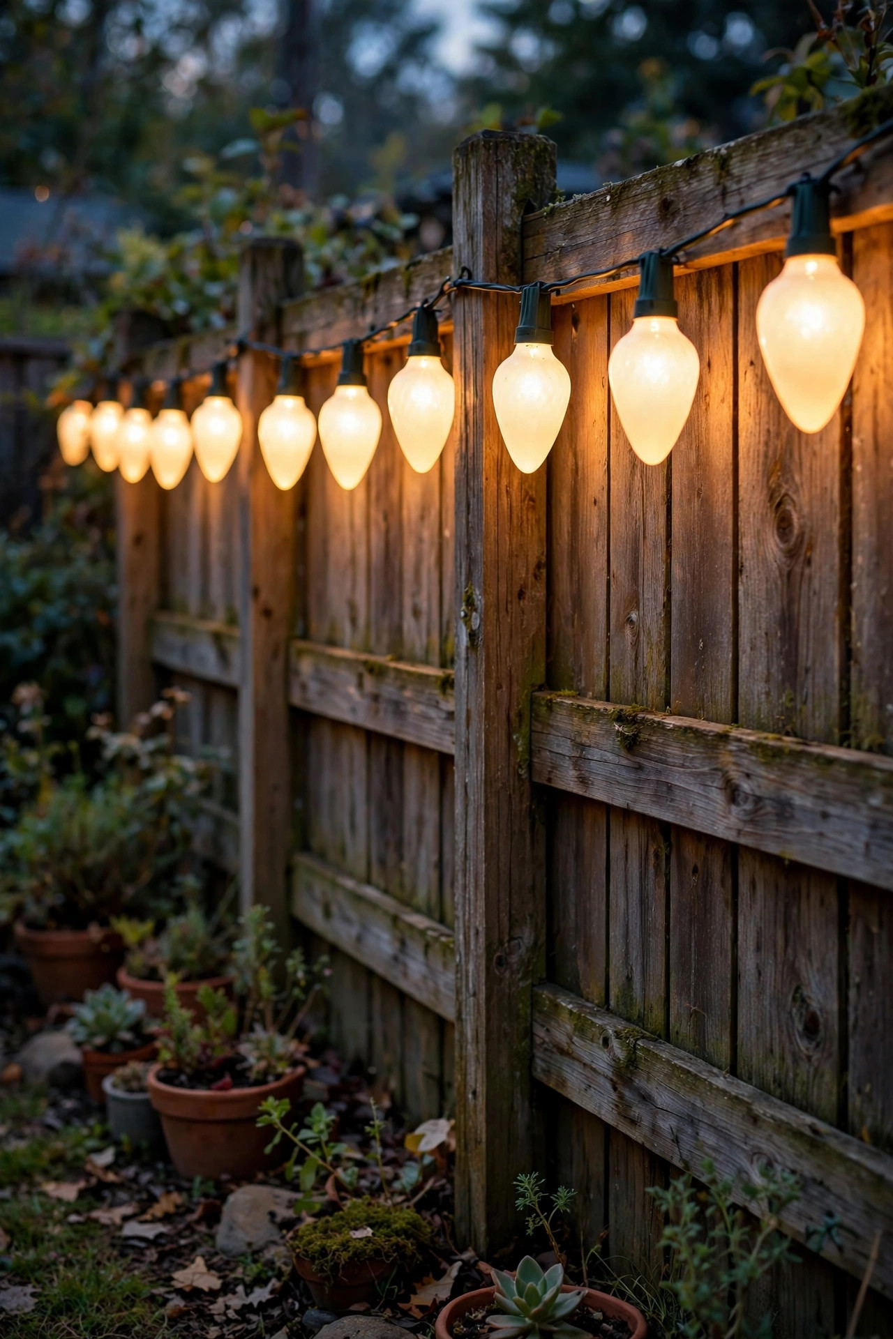 Wooden backyard fence lined with large retro C9 LED Christmas bulbs in warm white