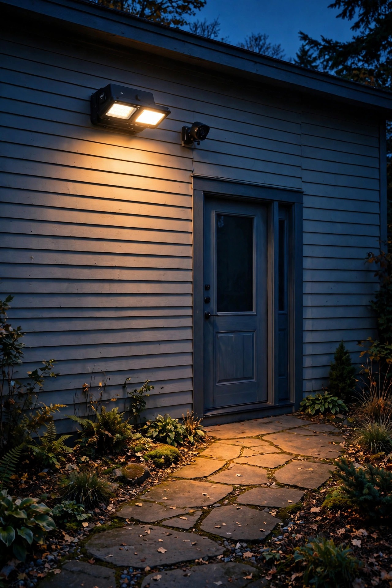 smart flood light mounted beside a small security camera over a side door, angled warm light washing the approach path without shining into the camera