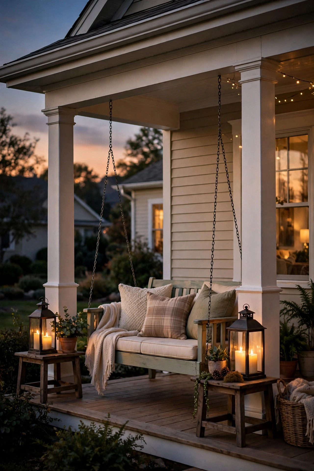Candle-style lanterns with flickering flameless pillars on side tables flanking a porch swing