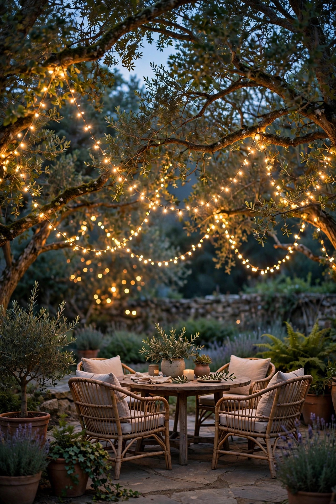 Fairy light strands draped in soft swags between tree branches above a patio seating area