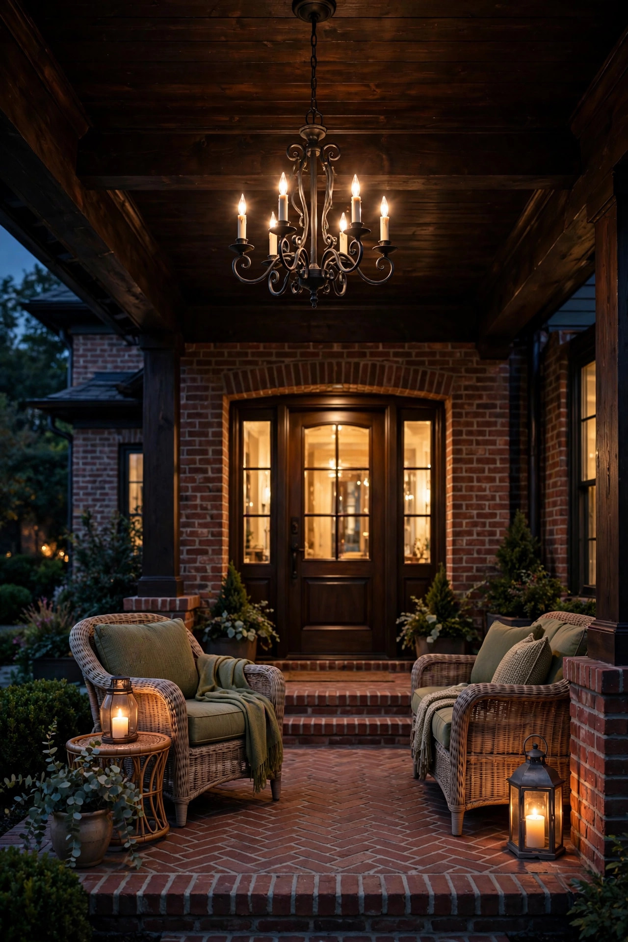 Outdoor chandelier-style fixture glowing over a front porch at night
