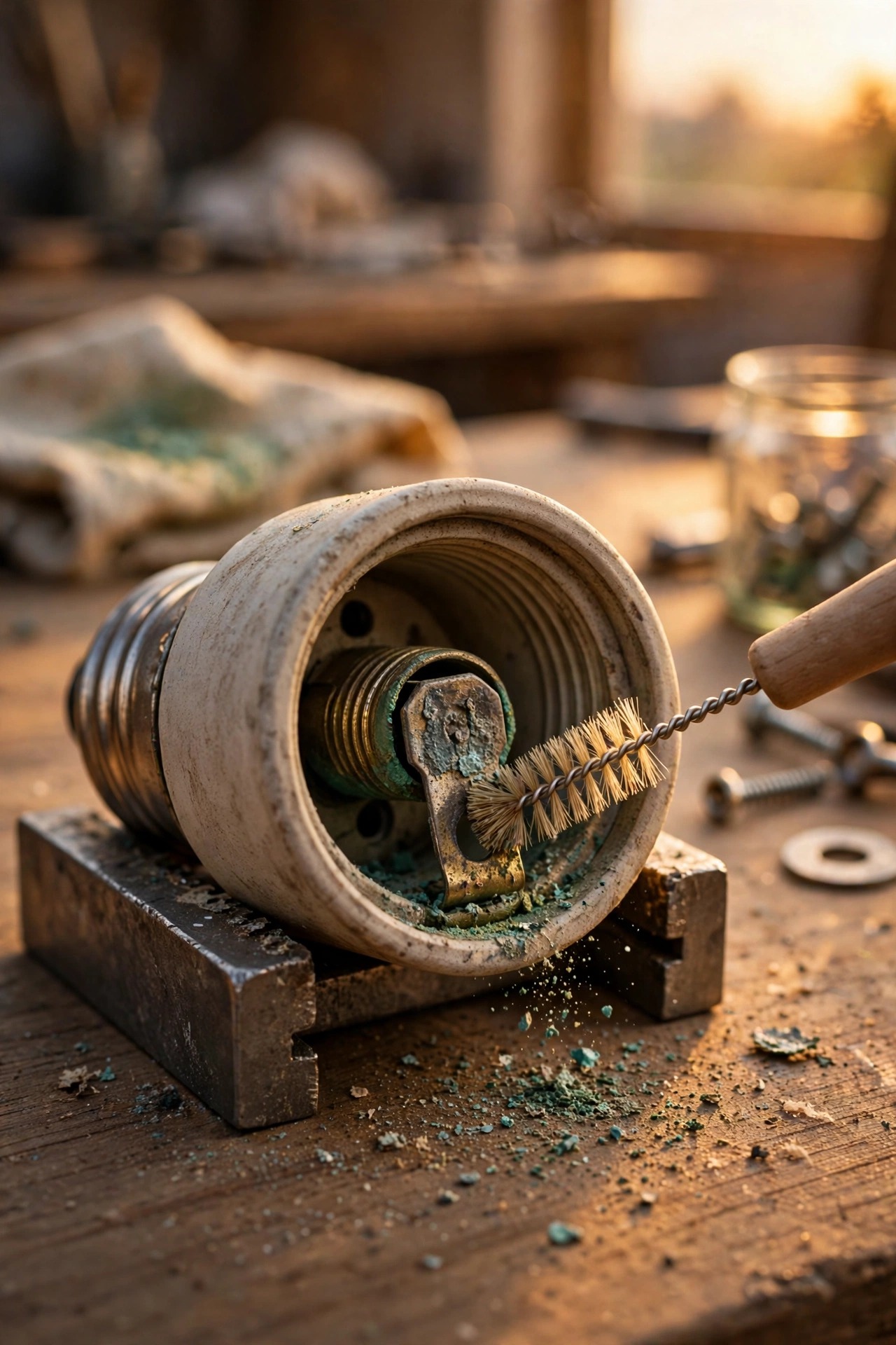 Close-up of a light socket being cleaned with a small brush, corrosion being removed from metal contacts, workbench setting