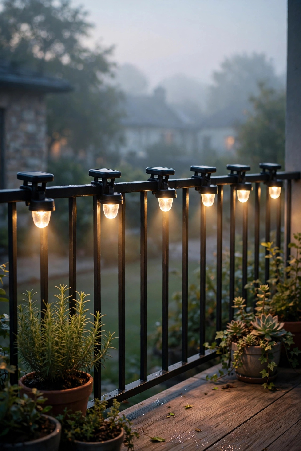 Clip-on solar railing lights casting a soft downward glow along a balcony railing in the early morning