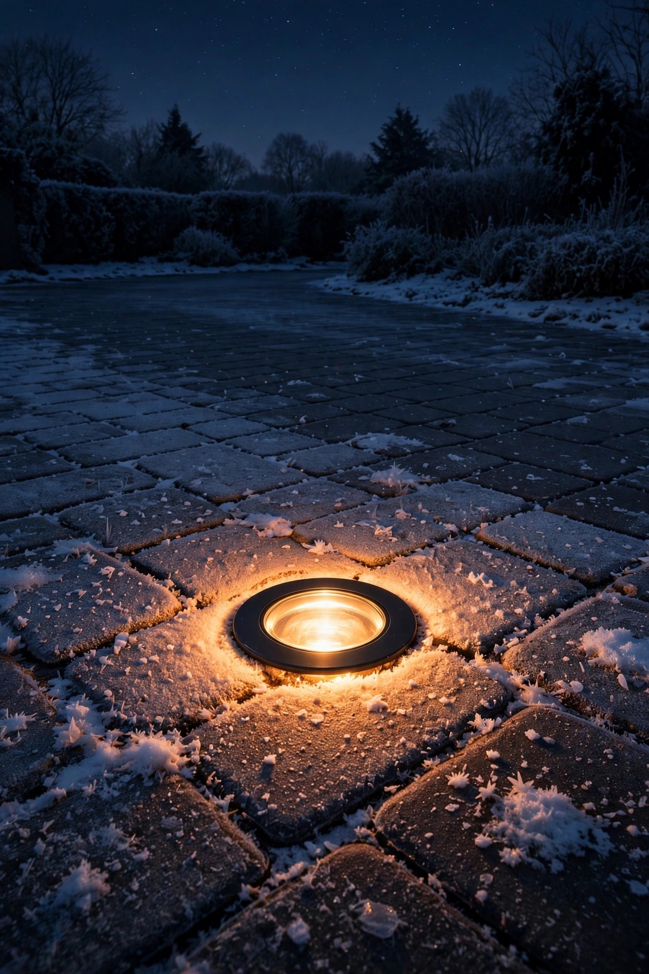 Solar driveway light glowing steadily on a frosty night with snow on the ground around it