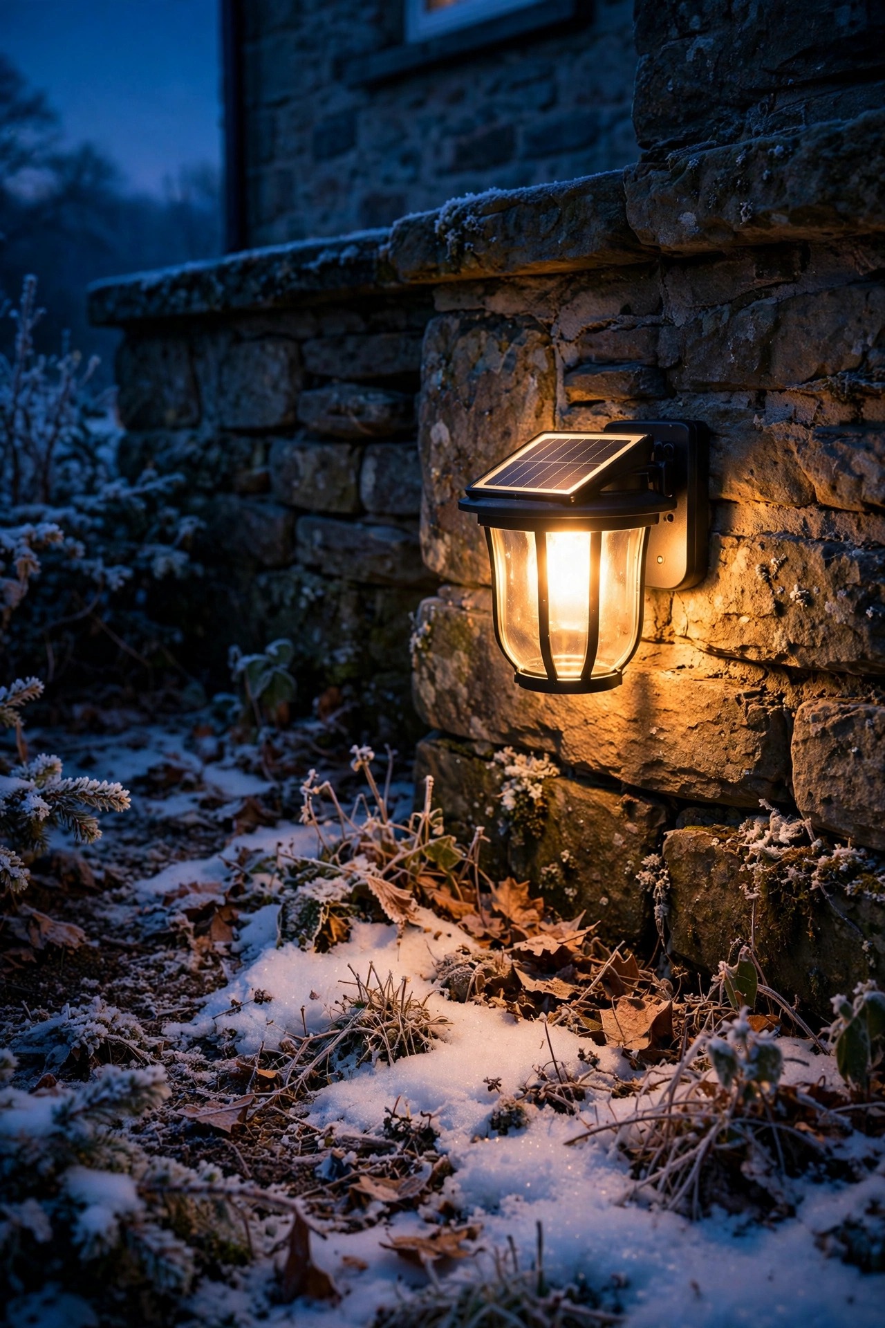 Solar wall light glowing beside a stone house foundation on a frosty night, breath of warmth in the scene with snow on the ground nearby