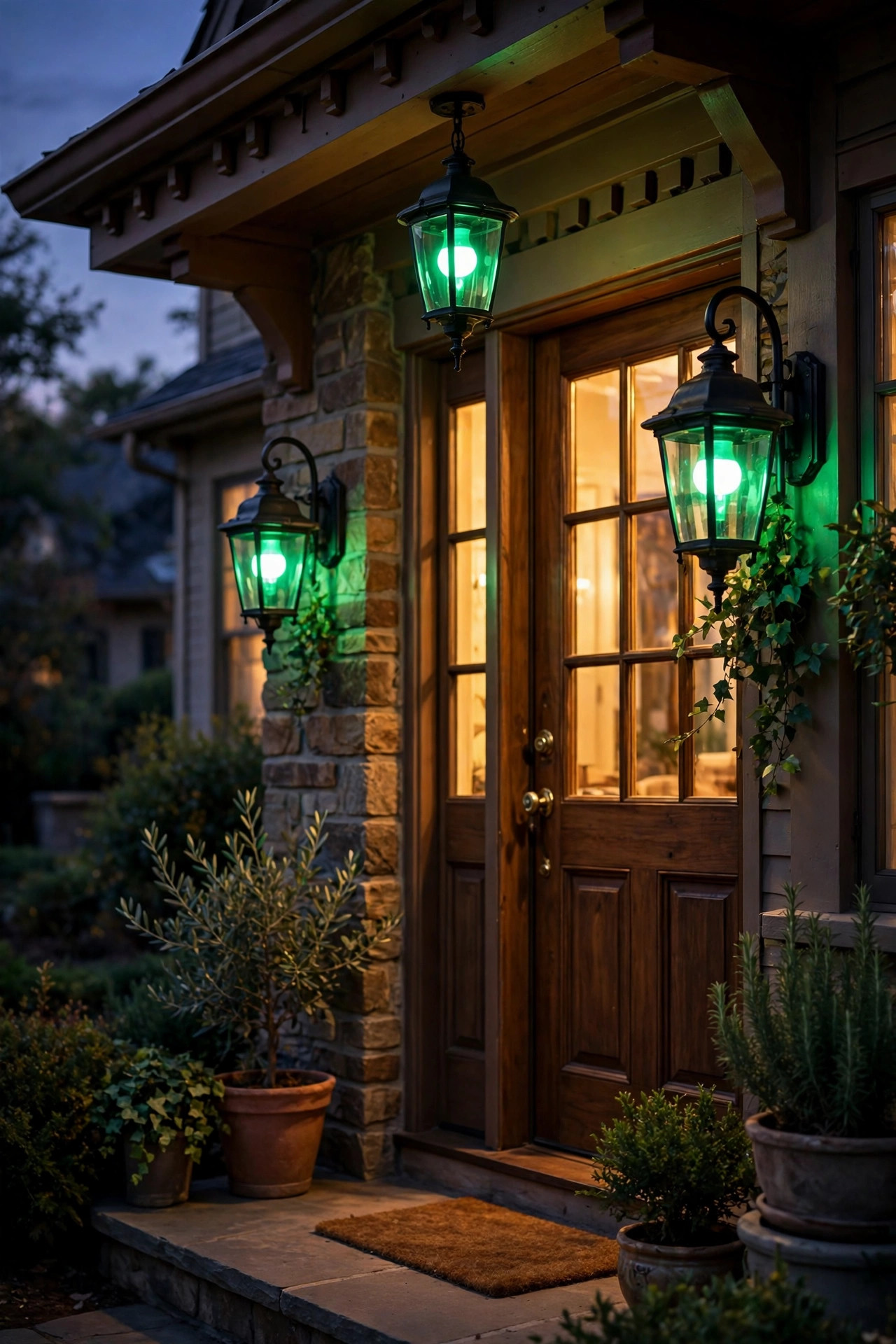 Porch sconces and coach lights glowing emerald green with color changing smart bulbs