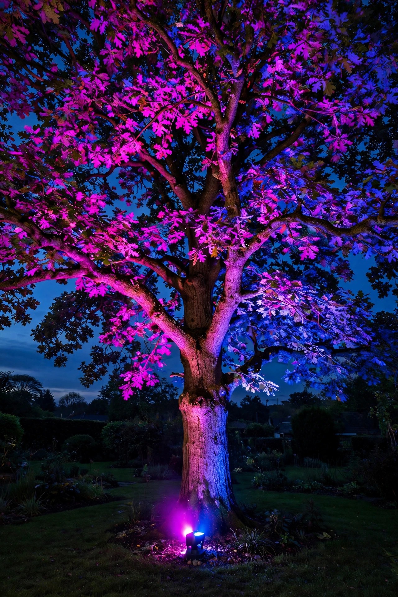 Large oak tree uplighted in vivid magenta and blue by a color-changing smart spotlight at dusk