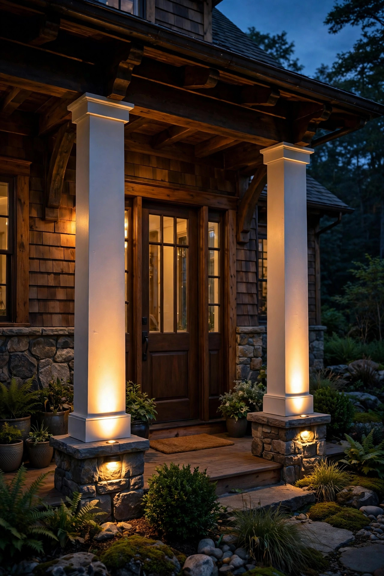 Warm spotlights at the bases of white porch columns washing light upward on a craftsman home entry at night