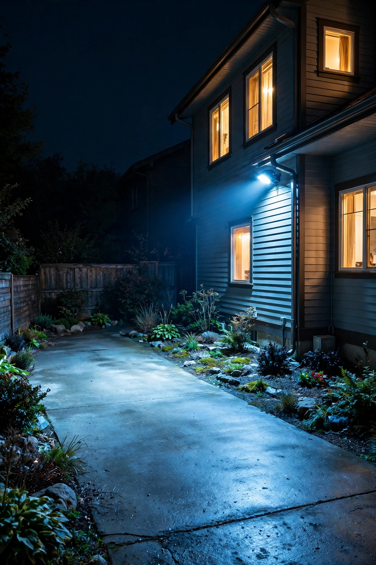 Cool white 4000K outdoor light color temperature security floodlight illuminating a driveway at night