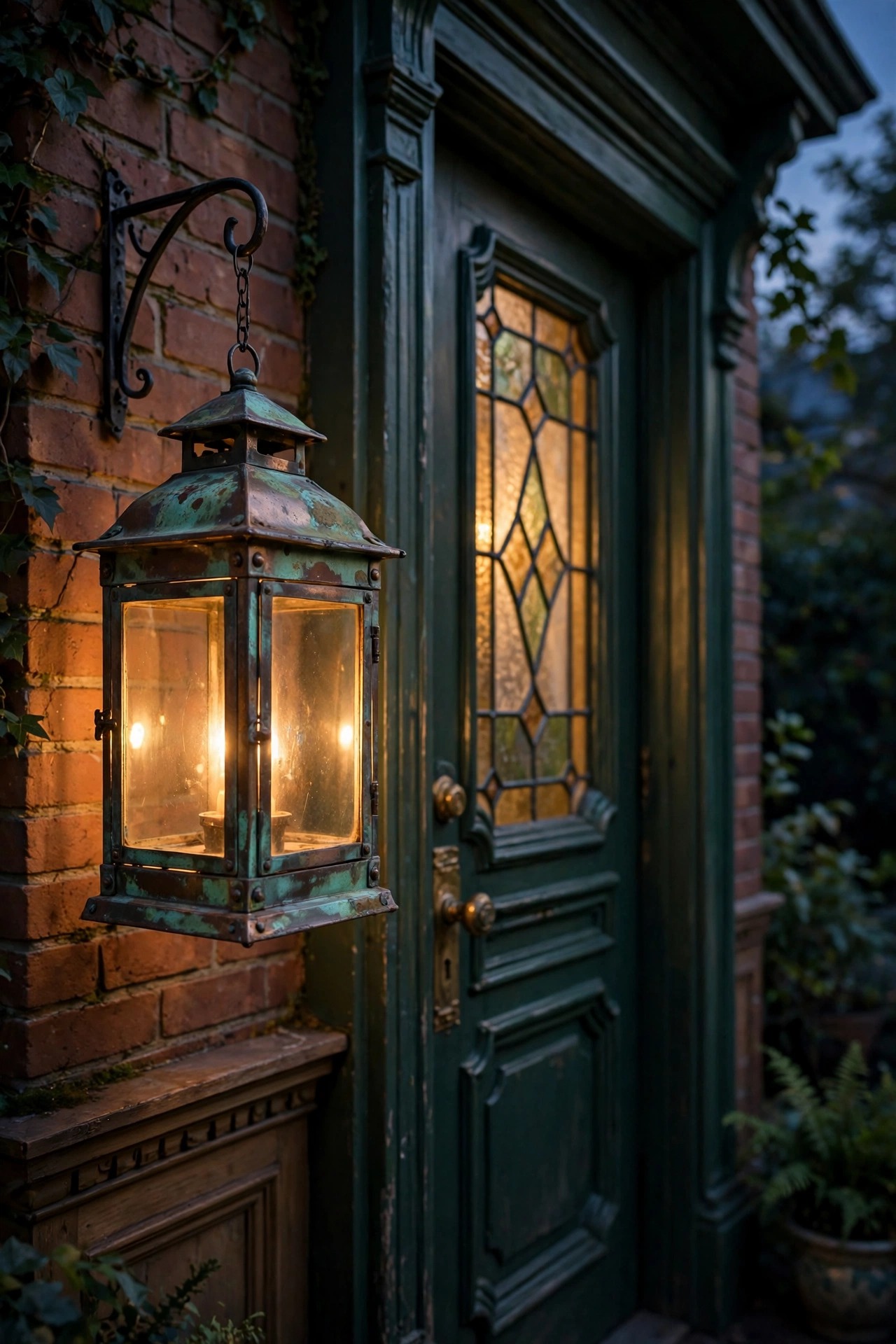 Copper lantern with soft green patina hanging beside a Victorian porch door at dusk