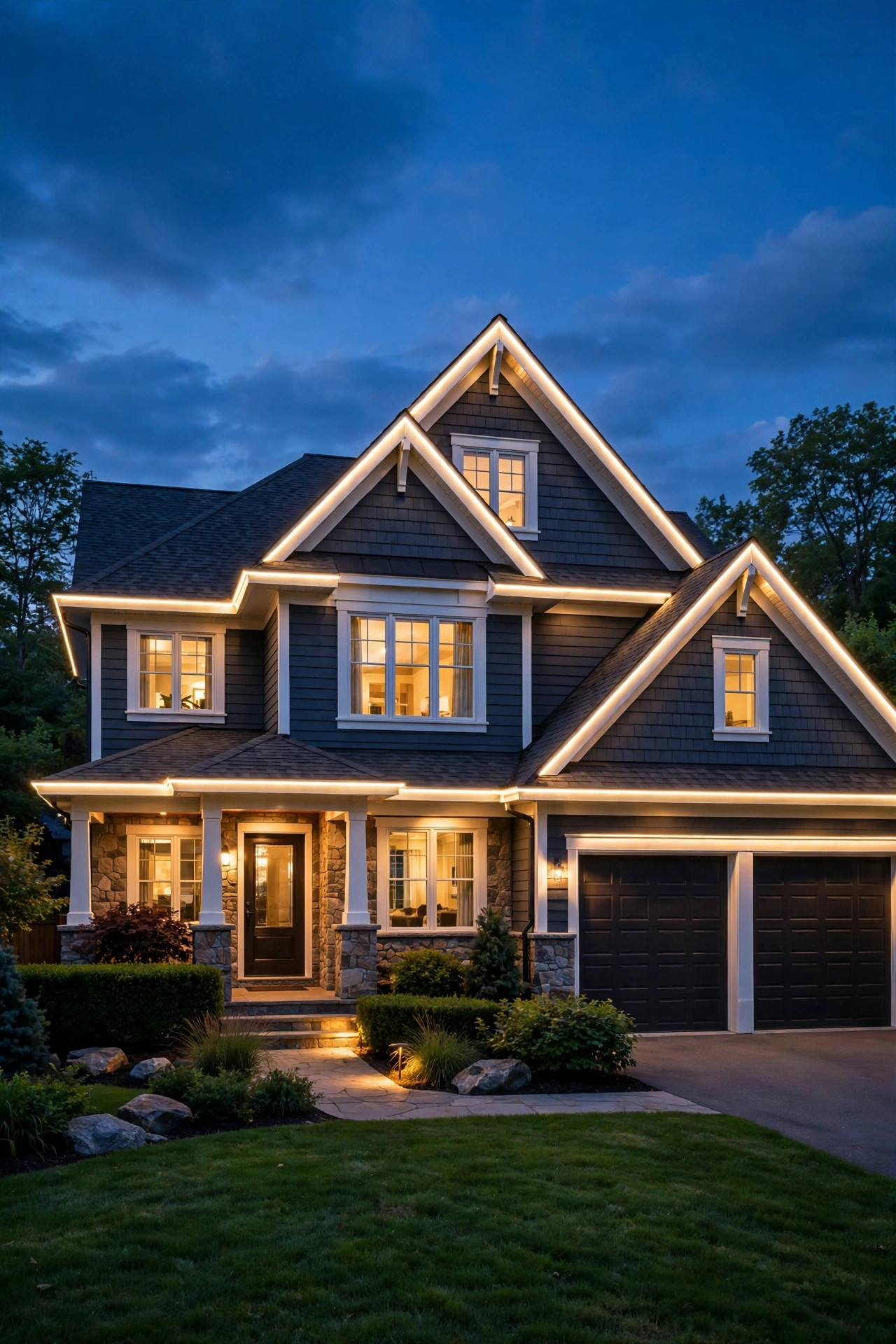 American suburban home at dusk with full warm white permanent roofline lighting glowing, showing a complete professional installation