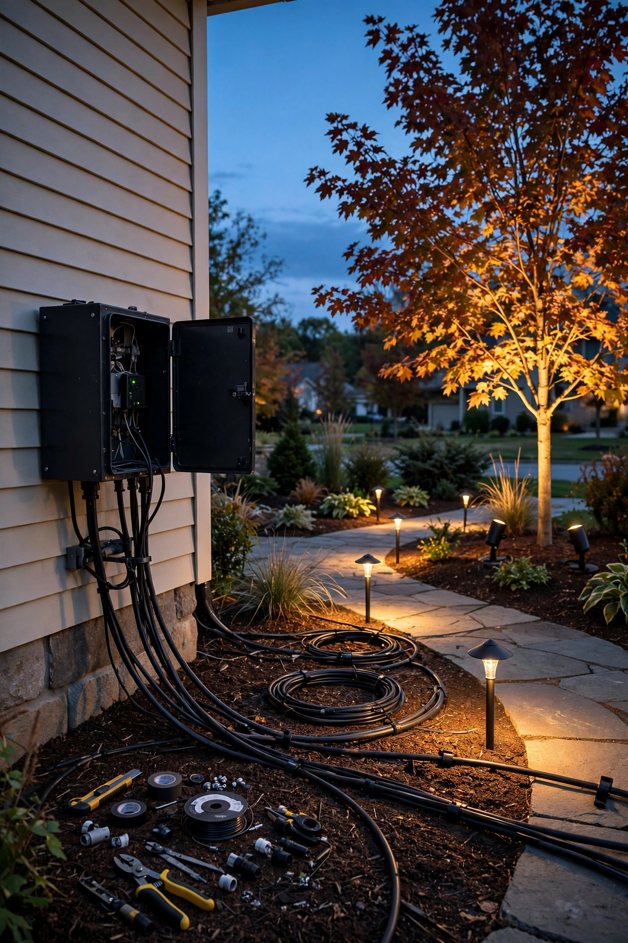 Outdoor lighting installation showing transformer and fixtures with 2026 cost breakdown for curb appeal