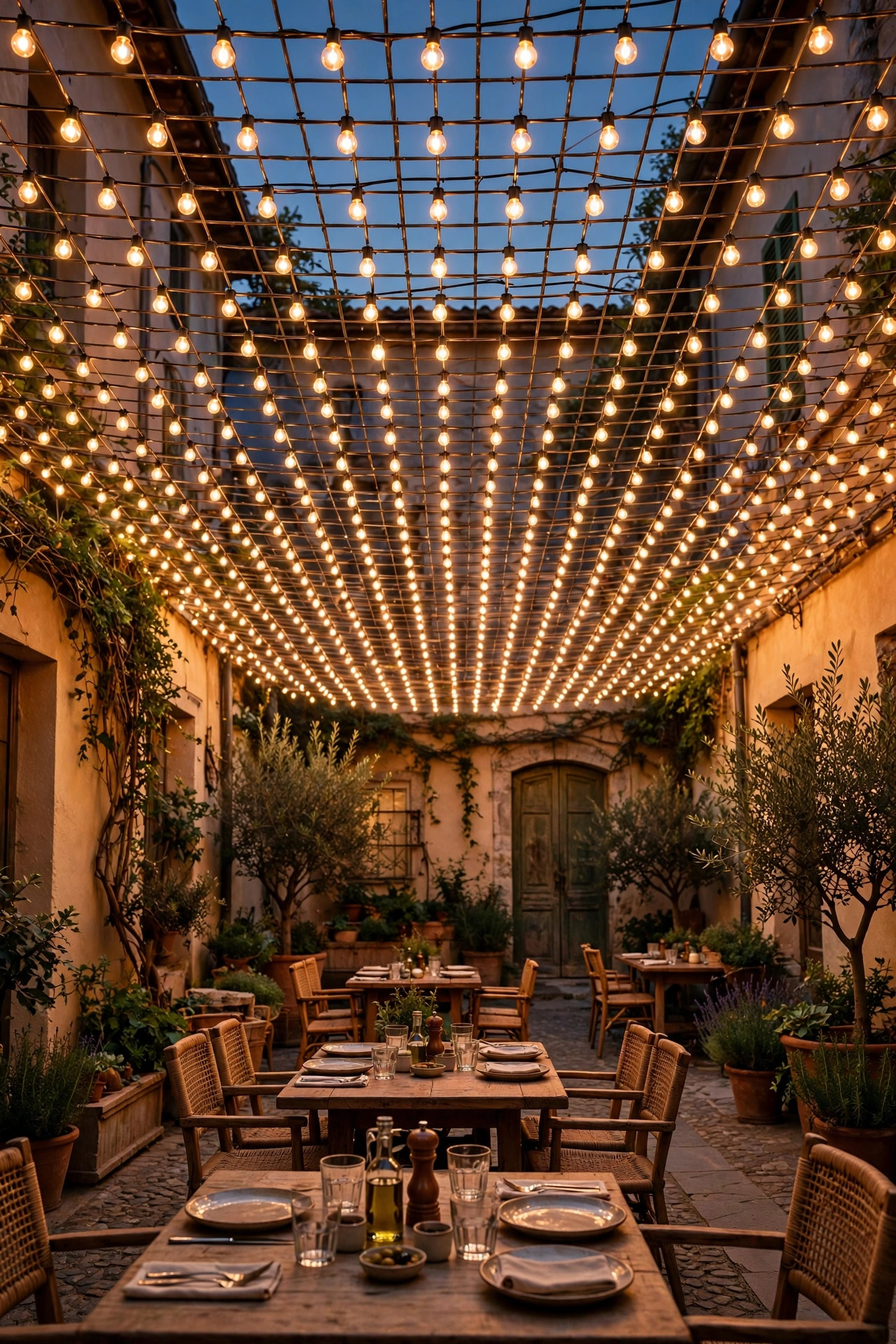 Dense crosshatch grid of string lights forming a glowing ceiling over a courtyard dining area