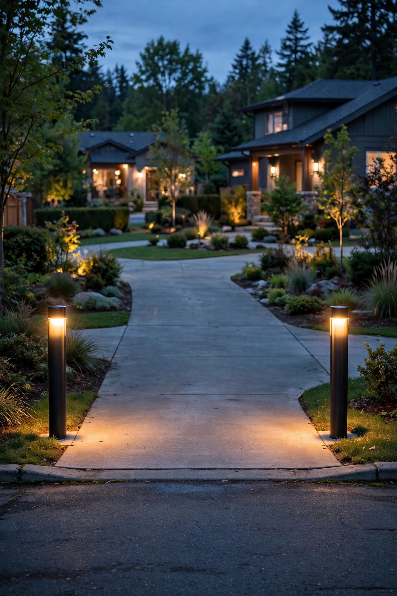 Driveway entrance at dusk marked by a matched pair of warm glowing bollards flanking the apron where it meets the street, clear inviting gateway into a softly lit front yard