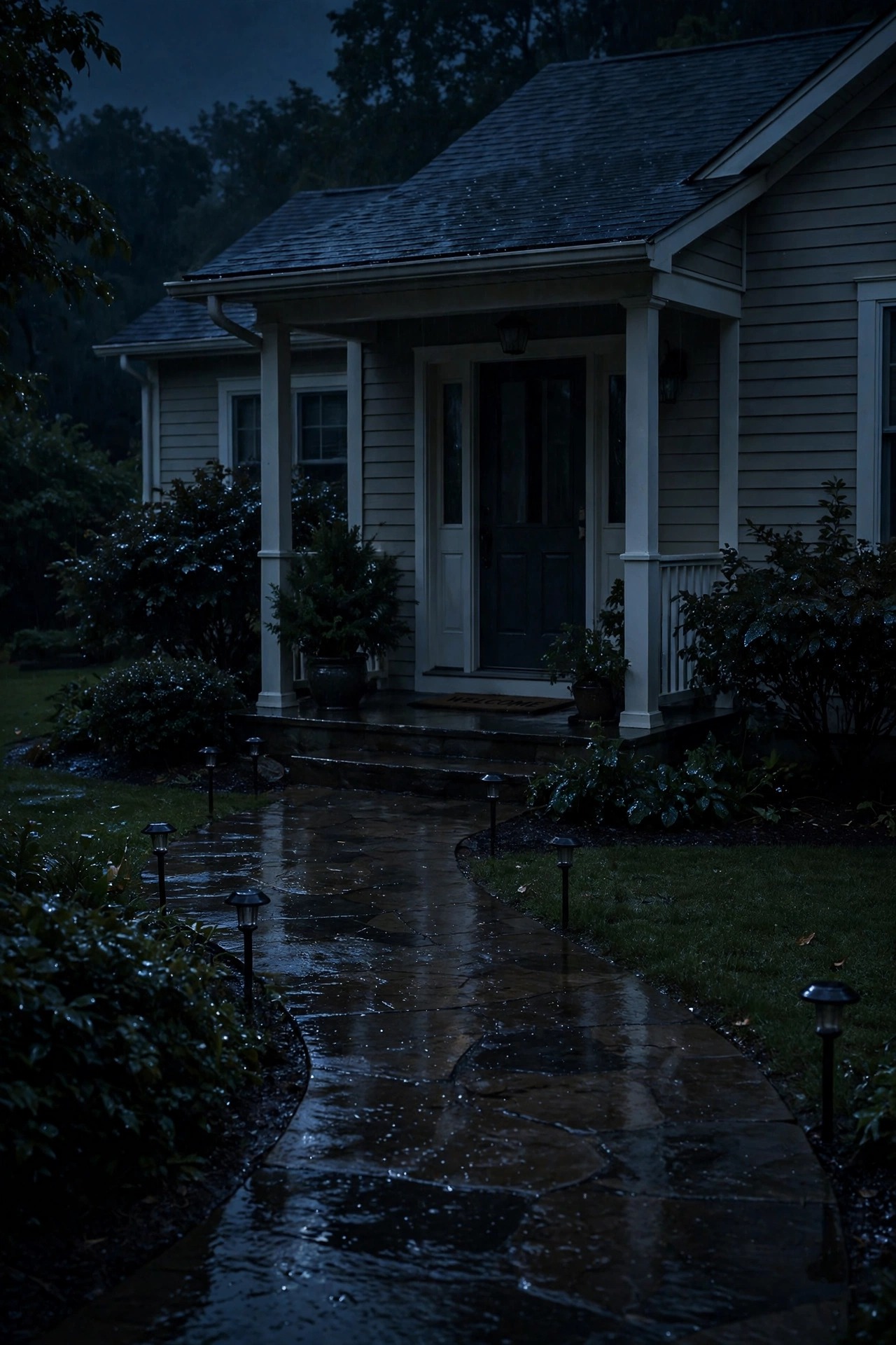 Front yard at night with porch and path lights unexpectedly dark after a rainstorm